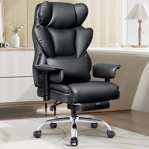 Big and Tall Office Chair - Heavy Duty 400 LBS Executive Chair with Lumbar Support & Foot Rest, High Back Ergonomic Desk Chair, Padded Wide Seat Gaming Chair, Adjustable Armrests, Black