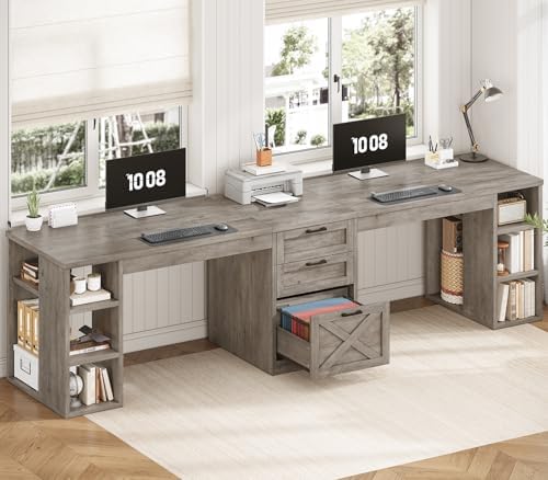SEDETA Farmhouse 96.5" Computer Desk with Drawers, 2 Person Home Office Desk, Gaming Double Desk with Storage Shelves, Long Two Person Writing Desk (Grey)