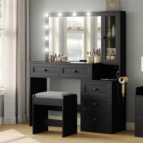 43" W Vanity Desk with Mirror & 11 Lights, 5 Drawer Modern Makeup Desk with Glass top & Cushioned Stool, 3 Lighting Modes Brightness Adjustable,Bedroom Dressing Table, Black