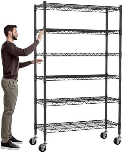 6-Tier Storage Shelves NSF Certified Wire Shelving Unit on Wheels Heavy Duty Metal Shelves Adjustable Steel Shelving 2100Lbs Capacity for Closet Pantry Basement- (18"x48"x82", Black)