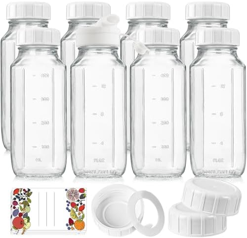 8 Pack 16 Oz Reusable Glass Milk Bottles w 100% Airtight Heavy Duty SCREW Lid w Silicone Gasket - Glass Juice Bottles w Capacity Mark - Beverage Drinking Jar Juice Container(Extra 2 Lid)