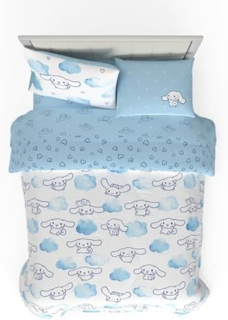 Franco Cinnamoroll Bedding 7 Piece Super Soft Cozy Reversible Comforter and Sheet Set with Sham, Queen, (100% Official Licensed Product)