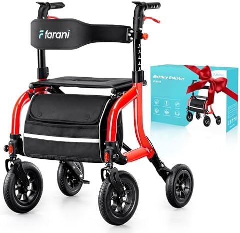Farani Rollator Walker with Seat, Outdoor Rolling Walkers for Seniors - 10" Large All Terrain Rubber Wheels, Padded Seat and Backrest, Ergonomic Handles, Comfort on Grass