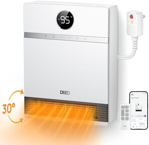 Dreo Smart Wall Heater, IP24 Electric Space Heater with ALCI Plug for Indoor Use, 30° Oscillation, Adjustable Thermostat, Remote Control, Works with Alexa, 24H Timer, Easy-mounted Heater for Bathroom