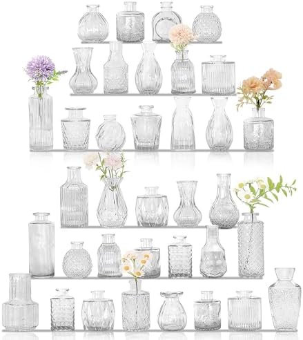 36Pcs Bud Vases Set Small Vintage Glass Bottles Clear Bud Vases in Bulk Multiple Shape Cute Glass Vases for Rustic Wedding Centerpieces Table Decorations and Home Decor(Clear)
