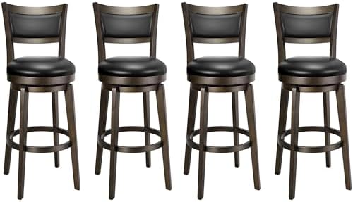 PrimeZone Swivel Bar Stools Set of 4, 30 Inch Bar Height Barstools, Black Faux Leather Bar Stool with High Backrest & Solid Wood Legs & Wrap-Around Footrest, Counter Stools for Kitchen Island, Pub