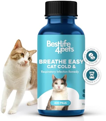Cat Cold & Respiratory Infection Remedy, Breathe Easy Upper Respiratory Treatment for Cats Provides Natural Relief for Sneezing, Coughing, Nasal Congestion and Asthma, 400 Odorless, Tasteless Pills