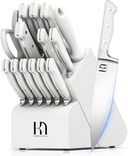 Kitchen Knife Block Set, 15-Piece Enduring Ultra Sharp Knife Set, Japanese High Carbon Stainless Steel, Premium Forged Knives for Kitchen and Professional Chefs, White