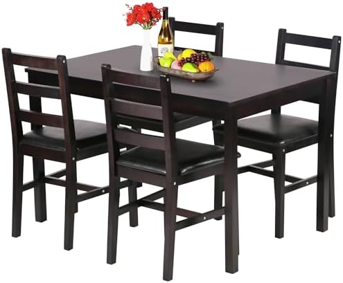 FDW | 5-Piece Solid Wood Dining Table Set for 4 | Brown | Pine Kitchen Table with Upholstered Chairs | Space-Saving Design | Smooth Easy-to-Clean Surface | for Dining Room, Apartment, Restaurant