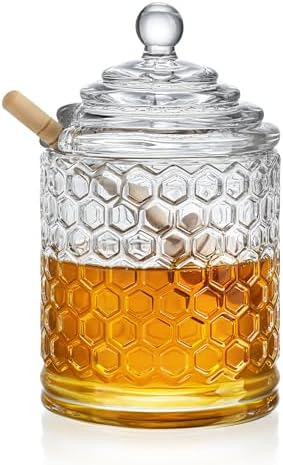 kanpura Clear Crystal Honey Pot with Dipper and Lid Glass Honey Jar with Dispenser Honey Holder and Syrup Container for Home Kitchen,9 oz