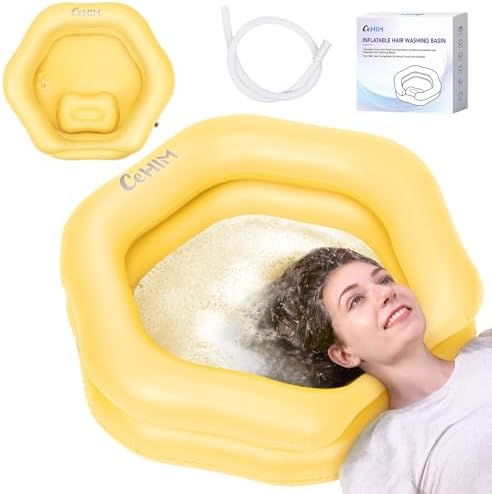Inflatable Shampoo Basin for Bedridden, Elderly & Disabled - Petal-Shape Large Size, 360° Neck Support, Central Drain Hole with Pull Ring | Leak-Proof PVC Portable Hair Washing Bowl (Yellow)