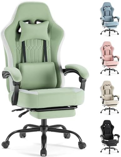 Sweetcrispy Computer Gaming Chair - High Back Ergonomic Desk Chair with Footrest and Lumbar Support, Height Adjustable Task Chair with Linkage Armrests and Headrest, 360° Swivel Wheels, Green
