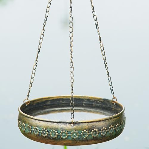 Hanging Bird Bath for Outdoors, Antique Gold, Targets Hummingbirds, 10" L x 2.17" D x 24.5" H