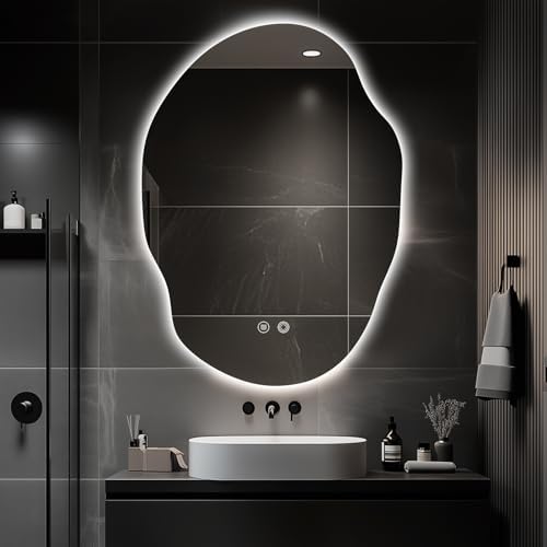LED Bathroom Mirror with Lights,25x35 in Asymmetrical Led Bathroom Mirror for Wall, Backlit Mirror with Anti-Fog,3 Colors and Dimmable Light,[Horizontal/Vertical]