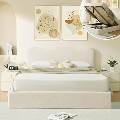 VELOCAVA Queen Size Lift-Up Storage Bed, Upholstered Boucle Bed with Curved Headboard, Rounded Corners, Sturdy Wooden Slat Support, No Box Spring Needed, Easy Assembly, Cream White