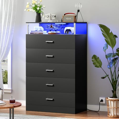 AOGLLATI Black Dresser for Bedroom with Column Design & Charging Station, Led 5 Drawers Tall Dresser for Bedroom,Black