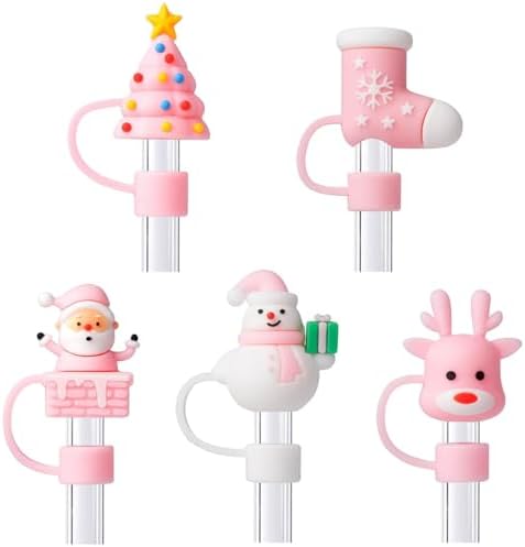 5Pcs Christmas Straw Toppers 10mm Pink Straw Cover Cap Reusable Silicone Straw Topper Christmas Tree Snowman Reindeer Cute Design Drinking Straw Covers Xmas Straw Lids Protectors Holiday Party Decor
