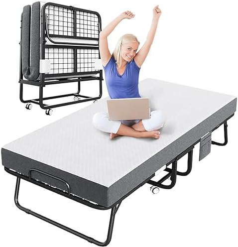CAIYUN Folding Bed with Mattress, Portable Rollaway Bed for Adults - Foldable Cot Size Bed Frame with 5" Memory Foam Mattress and Storage Cover, Guest Day Bed with Metal Fold Up Bed on Wheels, 75"x31"