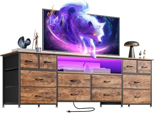 Huuger 63 Inch Dresser TV Stand with LED Lights, Power Outlets and USB-C Port, 12 Fabric Drawer Dresser for Bedroom, Entertainment Center for 65, 70 Inch TV, Media Console, Open Shelf, Rustic Brown
