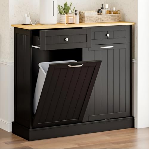 GAZHOME 20 Gallon Double Tilt Out Wooden Trash Cabinet with Charging Station, Upgrade Free Standing Recycling Cabinet with Outlet,Black