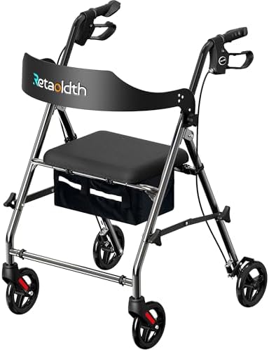 Foldable Rollator Walker with Seat for Seniors, All-Terrain Wheels, 350lb Capacity, Reinforced Inner Metal Rod for Easy Folding & One-Hand Carry, Lightweight Rolling Walker - Grey