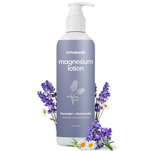 M3 Naturals Lavender & Chamomile Magnesium Lotion for Sleep, Relaxing Nightime Cream for Leg Cramps, Sore Feet and Joints | With Moisturizing Shea Butter, Coconut Oil, Collagen and Stem Cells, 8 fl oz