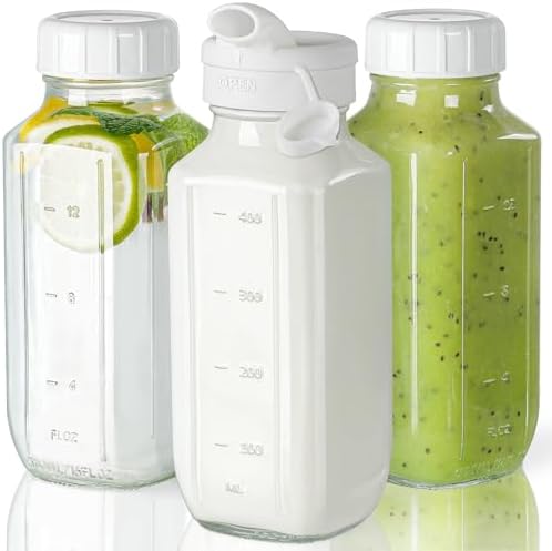 Glass Juice Bottles with Lids, 3 Pack Clear Glass Water Bottles w Pour Spout, 16 Oz Reusable Milk Jug w 100% Airtight Cap and Scale for Juicing Containers, Breast Milk Storage, Drinking Jar