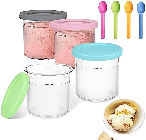 4 Pack Containers Extra Replacement for Ninja Creami Pints and Lids, (16oz) Cups Compatible with NC301 NC300 NC299AMZ Series Ice Cream Maker - Dishwasher Safe, Leak Proof Lids Pink-Mint-Grey-Blue