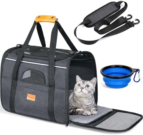Morpilot Cat Carrier Soft - Portable Pet Carrier for Small or Medium Cats, Dogs and Puppy up to 14lbs, Airline Approved Dog Carrier with Safety Buckle and Foldable Bowl - 17 x 11 x 12 Inch (Dark Gray)