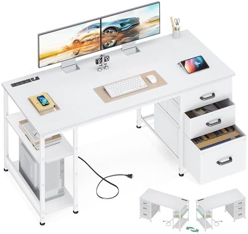 AODK 51 Inch Computer Desk with File Drawers & USB Power Outlets - Reversible Home Office Desk with Storage Shelves, Work from Home, Modern Work/Writing/Study Table for Bedroom, White