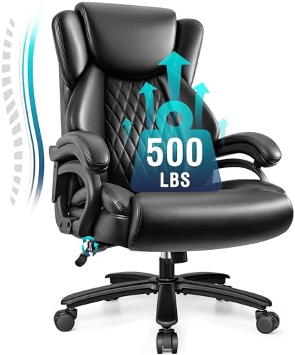 Big and Tall Office Chair 500lbs, Heavy Duty Executive Desk Chair with Adjustable Lumbar Support, Comfy Padded Cushion, Ergonomic PU Leather Home Computer Chair with Extra Wide Seat, Black