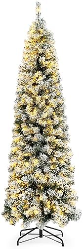 6.5ft Pre-lit Snow Flocked Pencil Christmas Tree Fir Hinged Slim Corner Xmas Tree Holiday Decoration with 250 Incandescent Warm White Lights & 586 Snow Branch Tips, White