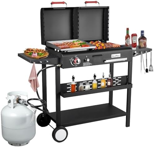 Dual Fuel Propane Gas Charcoal Grill Combo Black Dual Lids, Flat Top Grill With 2 Side Shelves for BBQ, Outdoor and Backyard Cooking