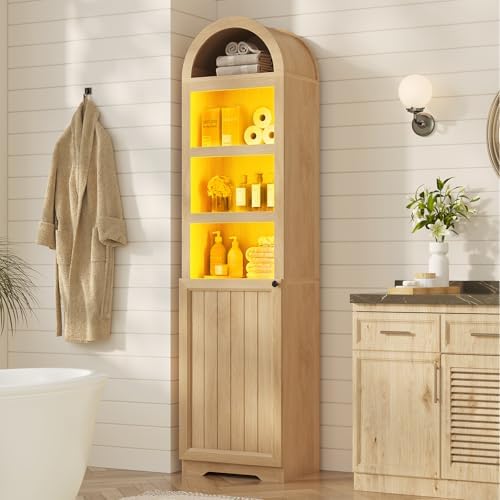 72" Tall Arched Narrow Bathroom Storage Cabinet with Lights, Slim Storage Cabinet with Adjustable Shelves for Small Spaces, Farmhouse Style (Oak)