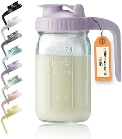32oz Glass Pitcher with Lid & V-shaped Pour Spout - 1 Quart Breastmilk Pitcher Double Leak Proof, Creamer Container for Sun Tea, Juice, Cold Brew Coffee, Breastmilk Storage Container