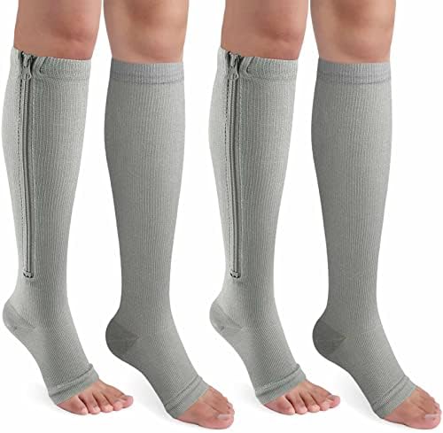 CASMON 2 Pairs Zipper Compression Socks for Women & Men, 15-20 mmHg Open Toe Knee High Support Socks with Zipper for Varicose Veins Edema