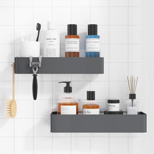 Kitsure Large Shower Caddy - 2 Pack Adhesive Shower Organizer, Rustproof Stainless Steel Shelves, No-Drill Bathroom Organizers and Storage, Grey