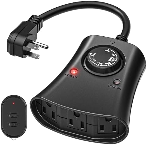 Lights Plug Timer Outdoor, Dusk to Dawn Electrical Timer Switch with Remote, Waterproof 3 Grounded Electrical Outlets for Halloween Christmas Holiday Lights Patio Yard Garden, UL Listed, 15A 1/2HP
