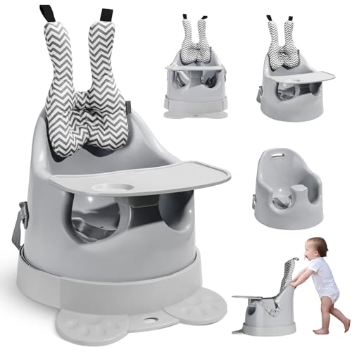 4-in-1 Infant Floor Seat, Baby Sitting Support for Baby 6 Months+, Sit-Me-Up Floor Seat with Tray/Additional Base with Wheels/Headrest/Seat Belt/Rope for Pulling, Grey