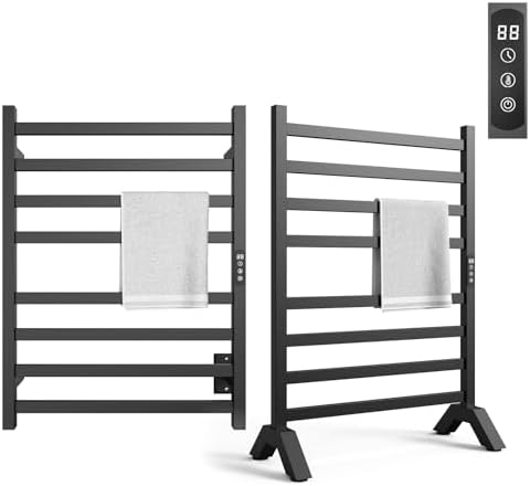 WONDERSKY Towel Warmer Rack, 8-Bar Stainless Steel Heated Towel Racks for Bathroom - Waterproof Wall Mounted Towel Warmers with Timed & Temperature Controller, Hard Wired/Plug-in, Black