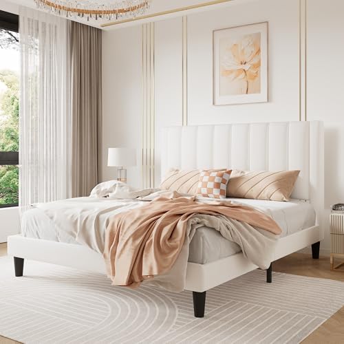SHA CERLIN Queen Bed Frame/Velvet Upholstered Platform Bed Frame with Headboard/Strong Wood Slats Support/Mattress Foundation/No Box Spring Needed/Easy Assembly/White