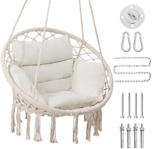 Macrame Hammock Hanging Swinging Chair with Medium Cushion, Perfect for Bedroom, Porch, Adults, Balcony, Beige