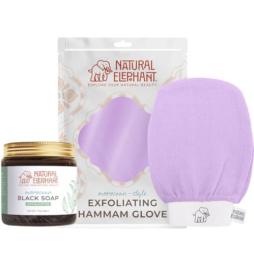 Natural Elephant Moroccan Black Soap 200g (7oz) and Exfoliating Hammam Glove Combo (Lovely Lilac)