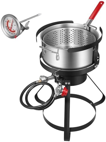 VIVOHOME 10Qt Aluminum Fish Fryer Pot with 6.7Qt Strainer Basket, 4 Inches Thermometer and 54,000 BTU Propane Burner for Outdoor Cooking