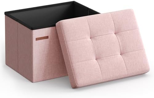 SONGMICS MAZIE Collection - Small Folding Storage Ottoman, Foot Rest Stool, 12.2 x 16.1 x 12.2 Inches, 286 lb Load Capacity, for Living Room, Bedroom, Home Office, Dorm, Jelly Pink ULSF102R01
