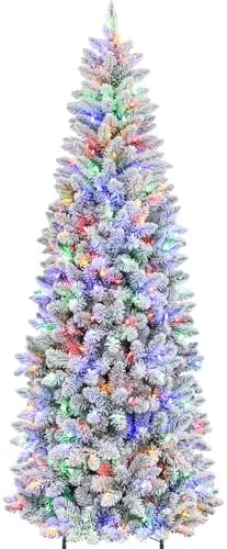 Hykolity 7.5 ft Prelit Snow Flocked Pencil Slim Christmas Tree with 300 Color Changing LED Lights, 792 Branch Tips, Metal Stand and Hinged Branches, 10 Color Modes