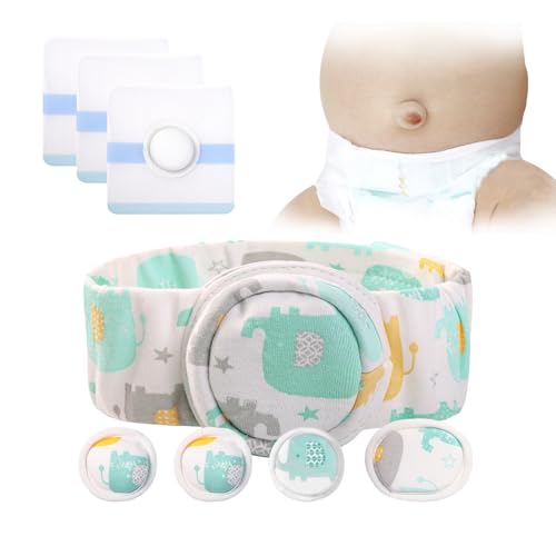 Umbilical Hernia Belt Kit for Baby, Baby Belly Button Band, Hernia Belt with 4 Compression Pads and 3 Navel Patches, Infant Abdominal Binder Set, Umbilical Cord Cover for Newborn (L Pattern Green)
