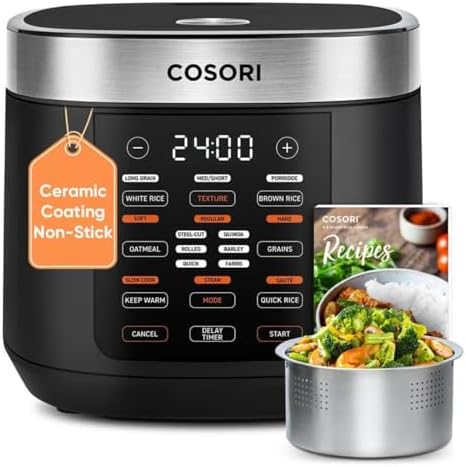 COSORI Rice Cooker 10 Cup, 24h Keep Warm, 18 Functions Fuzzy Logic Rice Maker with Stainless Steel Steamer Basket, Sauté, Slow Cooker, Black