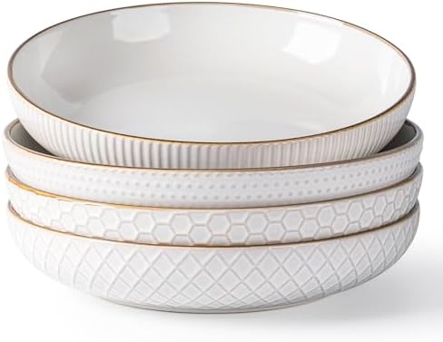 GBHOME 9.5'' Large Pasta Bowls, 42 Ounce Stoneware Salad Bowls for Kitchen, Ceramic Serving Bowls With Textured Pattern for Pasta,Fruit, Stews,Noodle, House-warming Gift,Set of 4-Off White