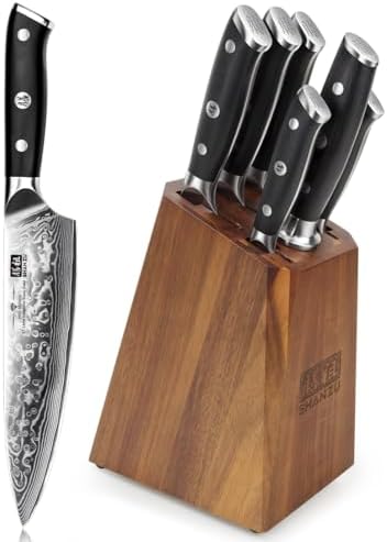 SHAN ZU Damascus Kitchen Knife Set, 7-Piece Professional Knife Sets for Chefs, Japanese Super Steel Damascus Kitchen Knife Set With G10 Handle Knife Block Set